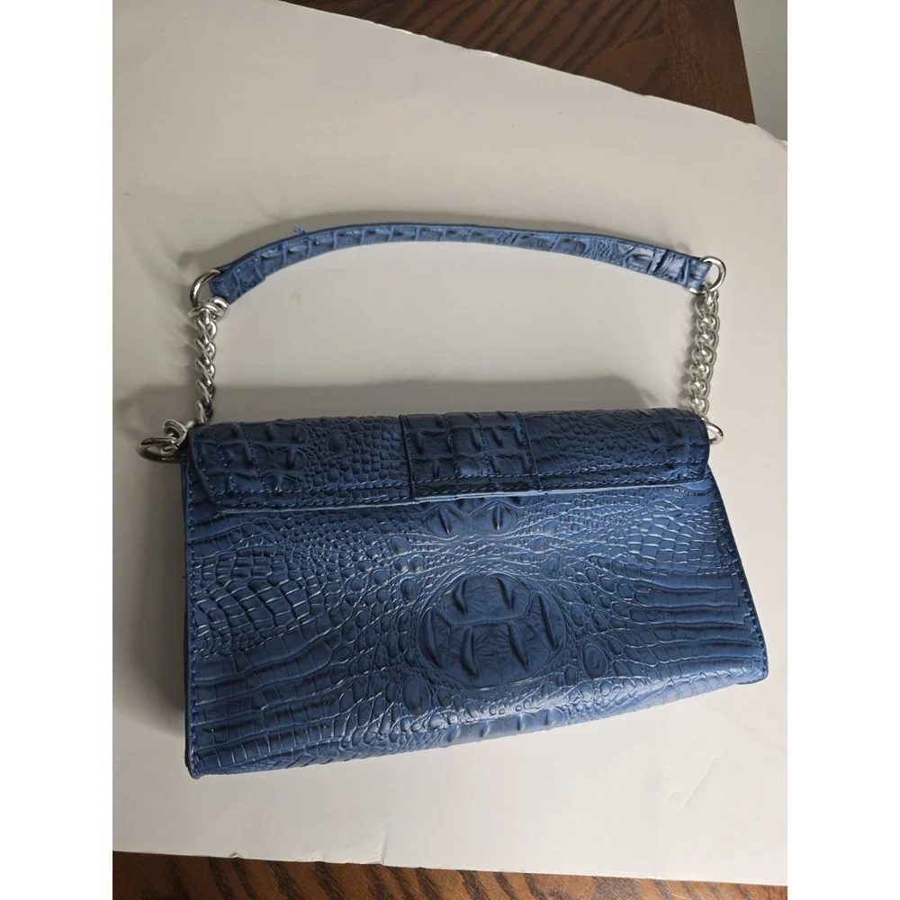 Mark Fisher Women's Purse Handbag Blue Croc Print Faux Chain Clutch Gold Snap